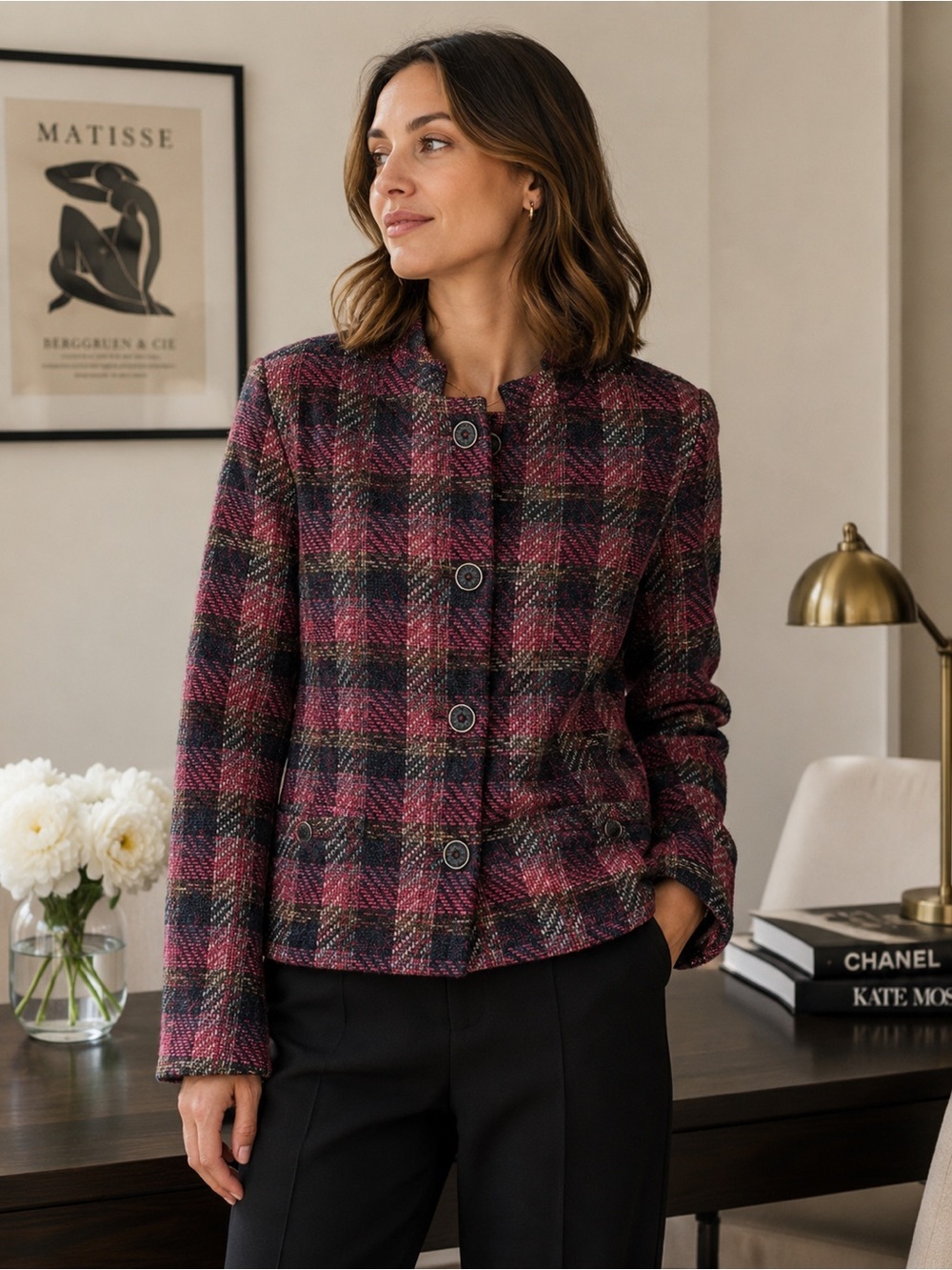 TanJay Plaid Tweed Blazer Pea Coat - Pink and Black Size 12 Classic Work Office